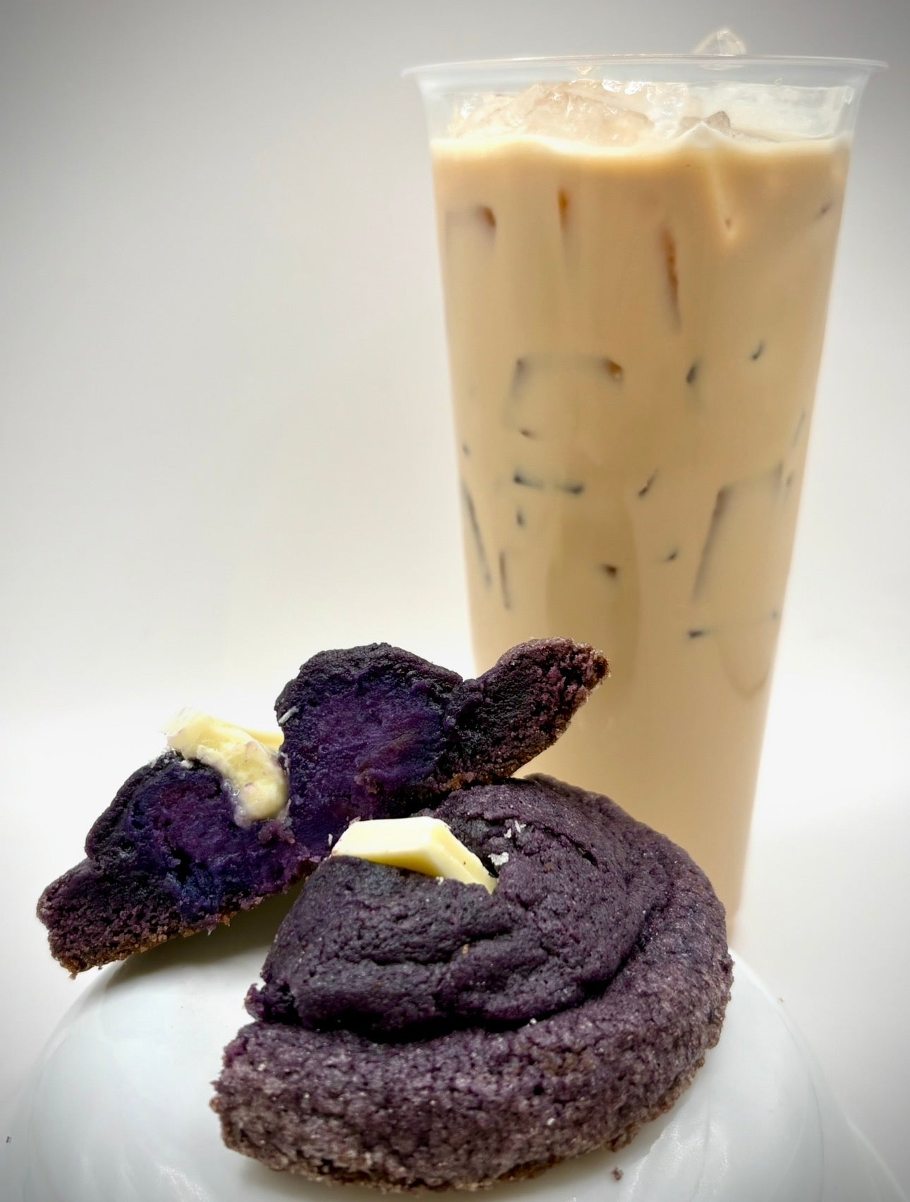ube cookie with milk tea drink