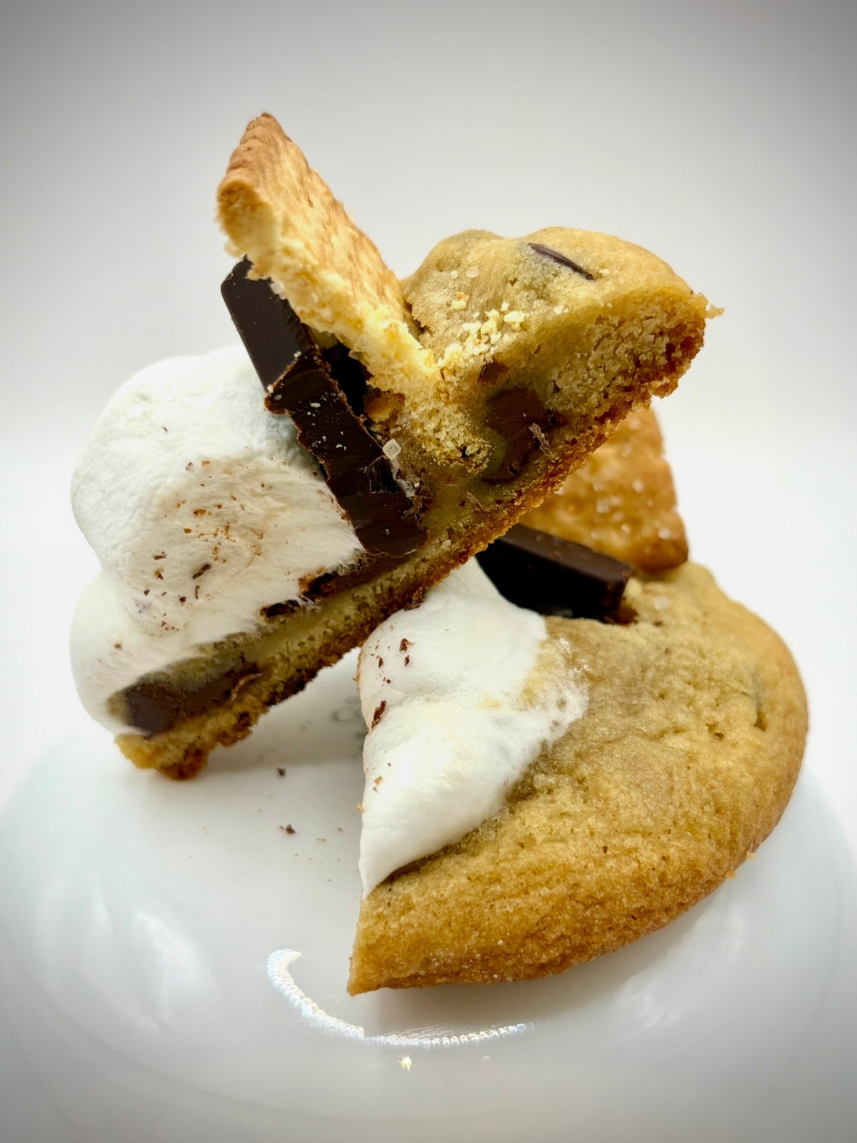 S'more cookies with chocolate and marshmallow on a white background